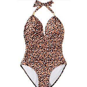 NEW V Neck 1 Pc Swimsuit Tummy Control Ruched Halter Bathing Suit M